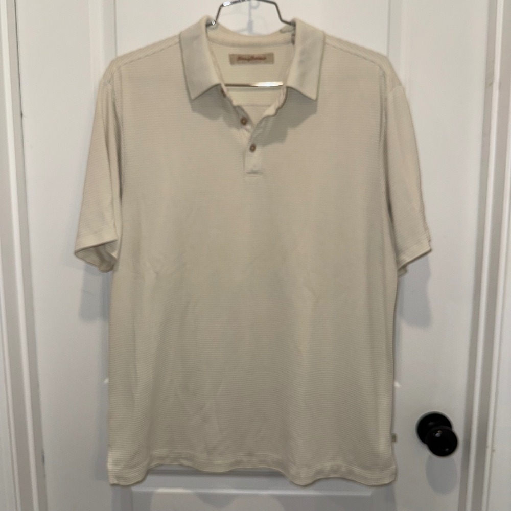 Tommy Bahama Mens Large Cream Ribbed Short Sleeve Modal Blend Polo Shirt